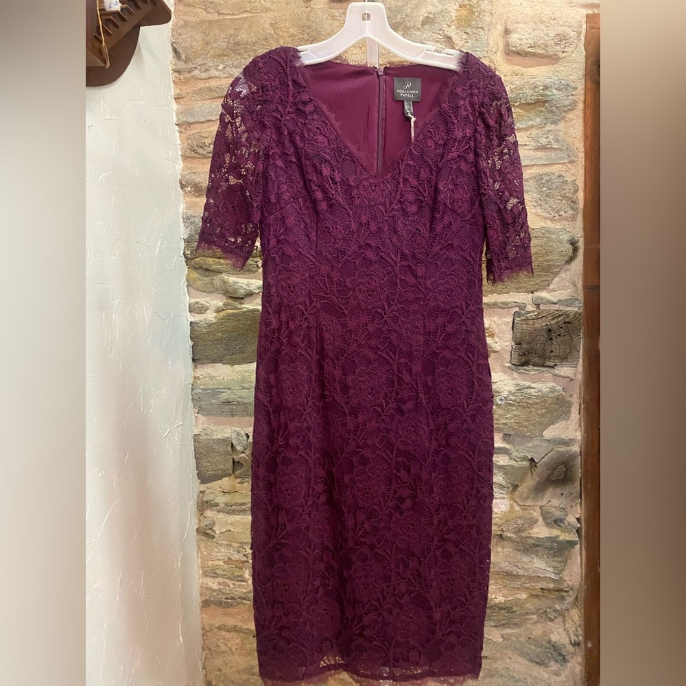 Adrianna Papell Purple Lace Dress Mid Length with Sleeve